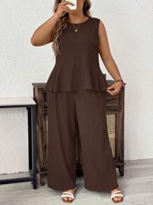 SHEIN PETITE CURVE Set da due pezzi composto da un gilet e pantaloni lunghi di colore tinta unita, casual, adatto alle vacanze, per taglie forti