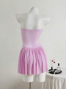 SHEIN Unity Women's Simple Mesh See-Through Pink Mini Dress With Twist Bust Decor, Sexy Bandeau Top - Pink - View 2