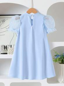 女童优雅圆领心形网眼泡泡袖蝴蝶结前部休闲时尚连衣裙，适合度假、旅行和生日礼物，夏季 - 淺藍色 - 查看 2