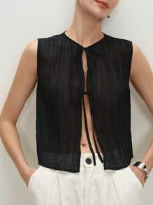 BizChic 2025 Summer New Music Festival Party Gathering Summer Top, Holiday Suitable For Wedding Guests, Brunch, Urban Fashion Commuter Daily Versatile Spring/Summer New Elegant Chic Daily Commute Work Date Vacation Breezy Graduation Season Black Pleated Tie-Bow Top - Black - View 7