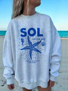 SHEIN EZwear 休闲简约海洋风格海星字母印花圆领宽松卫衣，适合春假、女生旅行、海滩 - 淺灰色 - 查看 6