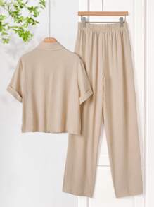 Rusticease 2pcs Women's Crew Neck Solid Sleeveless Top And Floral Print Pants Casual Vacation Outfit,Women Clothing Sets - Khaki - View 2