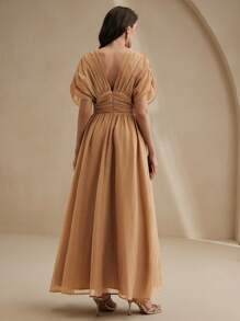 Anewsta 女式 V 领荷叶边肩袖收腰连衣裙，海滩度假装，春夏 - 摩卡棕 - 查看 2