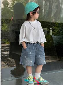 DAZY 男童星星图案破洞牛仔短裤 - 藍色 - 查看 2