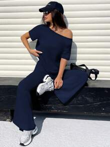 Muchica Solid Off Shoulder Top And Bell Bottom Pants Set - Navy Blue - View 6