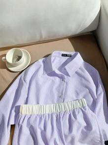 Comfortcana Lavender Woven Women's Striped Print Button Front Short Sleeve Top & Shorts Casual Matching Set - Mauve Purple - View 6