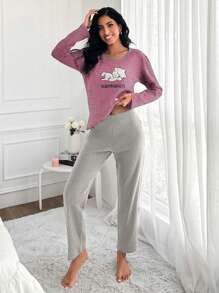 EURMUSE 100%Cotton Striped & Cartoon Graphic PJ Set - Hot Pink - View 4