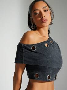 Denimoi Asymmetrical Neck Eyelet Hardware Crop Top - Black - View 4