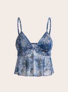 SHEIN ICON 女士碎花荷叶边时尚吊带背心，适合7月4日美国独立日穿着，可爱夏日上衣 - 霧霾藍 - 查看 1