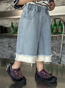 DAZY 男童撞色磨边松紧腰口袋牛仔短裤 - 藍色 - 查看 1