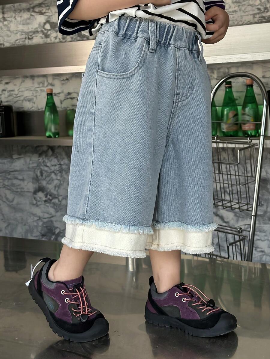 DAZY 男童撞色磨边松紧腰口袋牛仔短裤 - 藍色 - 查看 1