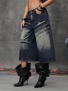 ROMWE Grunge Punk Low Rise Distressed Wash Super Loose Street Style Cropped Jeans - Blue - View 5