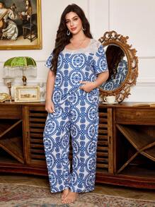 SHEIN Damen Große Größen Boho-Stil Muster & Kontrast Spitze Quadratischer Ausschnitt Lässig Zuhause Pyjama Set