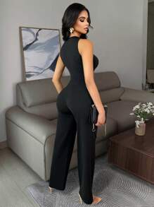 Vavine 优雅商务休闲女装，金属纽扣装饰女式无袖高弹力性感吊带背心和裤子两件套休闲套装 - 黑色 - 查看 2