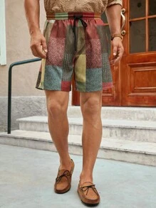 Manfinity VCAY Men's Casual Woven Plaid Pattern Printed Mid-Waist Drawstring Straight Shorts - Multicolor - View 5