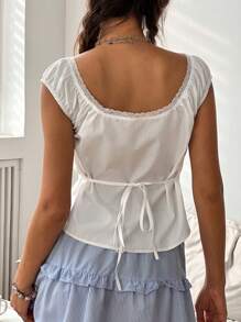 Jouncy 女式休闲纯色蕾丝边T恤，夏季 - 白色 - 查看 2