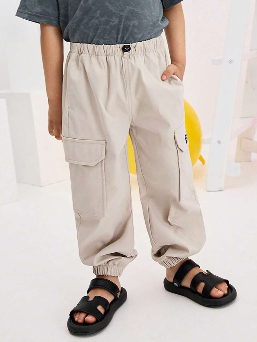 SHEIN Quần Cargo cạp giữa đơn giản thoải mái cho bé trai có túi và gấu quần - Màu be - Xem 1