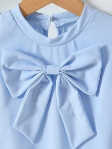 女童优雅圆领心形网眼泡泡袖蝴蝶结前部休闲时尚连衣裙，适合度假、旅行和生日礼物，夏季 - 淺藍色 - 查看 4