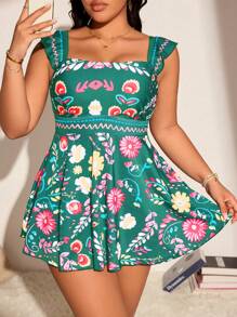 Swim Lushoire Plus Size Elegant Resort Style Printed Tankini Swimwear For Summer Beach Vacation - Green - View 4
