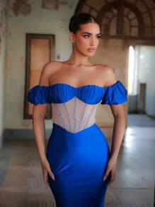 Glamrae Elegante e lussuoso abito da sera lungo con gonna a coda di pesce, realizzato a mano con perle blu, scollo a spalle scoperte, maniche a sbuffo, vita arricciata e gonna trasparente, adatto per cerimonie di laurea, matrimoni, vacanze, addio al nubilato, eventi formali e cene di gala