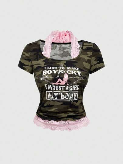 ROMWE Avant Maglietta da donna con stampa di personaggio "hot girl" d'avanguardia Y2K, stampa in inglese e strass con motivo mimetico