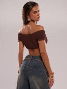 SHEIN BAE Sexy Strapless Crop Top Slim Fit Knit Sweater For Women - Coffee Brown - View 2