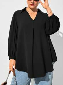 SHEIN Essnce 大码女装秋冬休闲宽松舒适V领黑色长袖衬衫，秋季女装，女式衬衫，曲线上衣，复古风，黑色上衣，商务休闲女装，办公室女装，女式服装，女式上衣，返校节，教师，工作上衣 - 黑色 - 查看 7