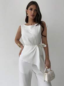 Firerie 女士优雅休闲白色无袖腰部不对称荷叶边下摆连体裤，适合日常、通勤、夏季外出，全白女装 - 白色 - 查看 3