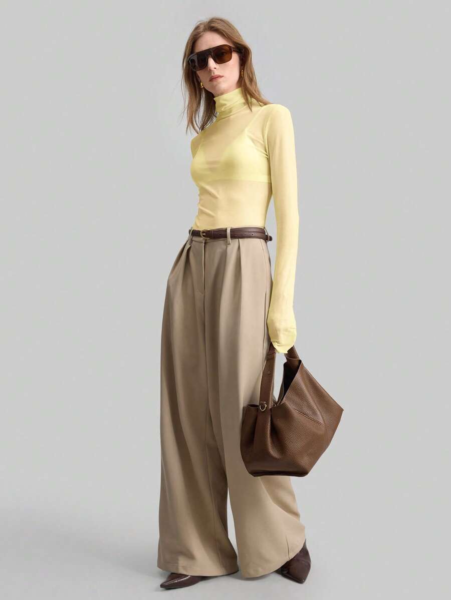 Ontre 斯德哥尔摩风格教师秋季高领针织上衣，优雅秋冬，网眼长袖上衣，商务休闲基本款上衣