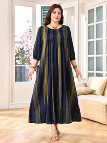 Lacomfia 大码女式休闲条纹七分袖宽松常规阿拉伯风格连衣裙，春夏 - 彩色 - 查看 3