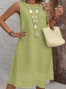 SHEIN VCAY Vestido sin mangas de unicolor minimalista para mujer talla grande - Verde Lima - Ver 3