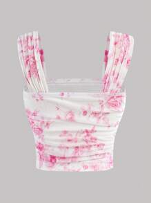 SHEIN Girlism Tween Girl Elegant Square Neck Floral Print Wide Strap Tank Top - Hot Pink - View 2