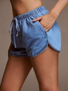 SHEIN Forever 21 Quần short denim cạp chun co giãn mùa hè mới cho nữ, quần short đi nghỉ thoải mái, cạp trễ - Rửa nhẹ - Xem 4