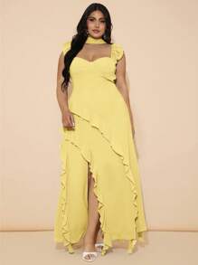 SHEIN BAE 大码女式优雅绿色长款高开叉荷叶边下摆连衣裙，适合春夏季日常穿着，雪纺层叠荷叶边胸罩杯结构吊带长裙，海滩度假连衣裙，演唱会连衣裙，婚礼宾客连衣裙 - 黃色 - 查看 5