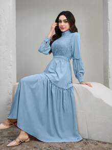 Graceveil 女式纯色立领长袖蕾丝腰收腰长裙，夏季 - 淺藍色 - 查看 3