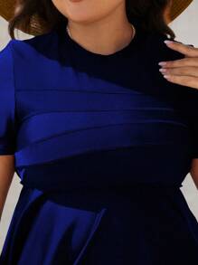 Swim Mulvari Plus Size Solid Color Short Sleeve Burkini Swim Suit Black Two Pieces Set For Summer Beach Vacation - Navy Blue - View 4