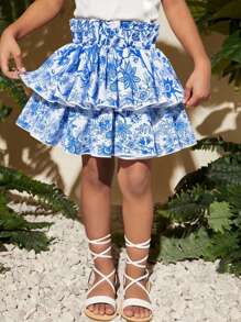 年轻女孩荷叶边松紧腰双层裙子，适合休闲、通勤、度假、可爱 - 藍色 - 查看 1