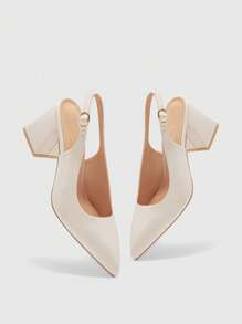 CUCCOO BIZCHIC 女士时尚米色露背尖头粗跟鞋，经典简约设计，适合通勤、约会、派对、度假、婚礼 - 米色 - 查看 6
