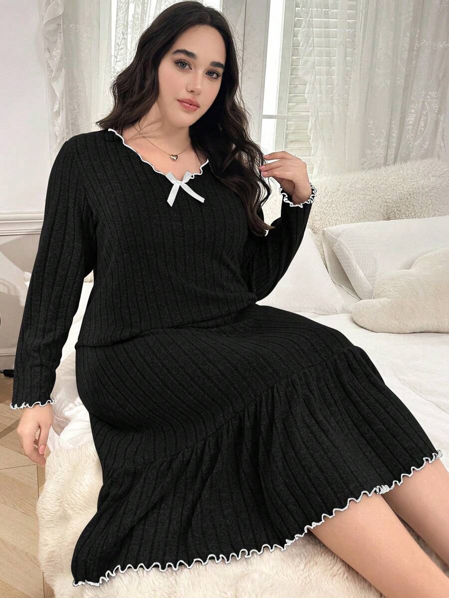 Plus Size Bow Decor V Neck Ruffle Trim Cozy Knit Sleep Dress, Outfit, Fall & Winter - Black - View 1