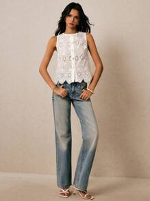 Poéselle Women's White Embroidered  Round Neck Sleeveless Button Front Vest Blouse,Summer Tops,Going Out Tops Women,Cute Summer Top,Vacation Outfits Woman,Old Money