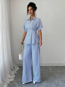 Modelyn 2件套女士条纹蝙蝠袖上衣和裤子套装，夏季