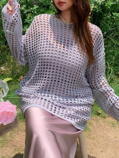 Dazy Plus 大码网眼圆领长袖套头卫衣，浅紫色网眼衬衫度假款