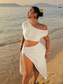 Sunnyshic 大码女式褶皱针织罗纹绿色性感扭纹紧身连衣裙 - 白色 - 查看 5