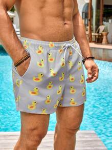 Manfinity Swimmode 男士鸭子印花抽绳腰部泳裤牛奶丝衬里沙滩短裤