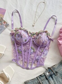 Soleia 波西米亚风、浪漫花卉、度假风、花卉主题7月4日服装、上衣、度假上衣、串珠上衣、荷叶边上衣、派对上衣、背心、7月4日女士性感露脐上衣、WYWH度假绿色渔网刺绣无肩带文胸、飘逸上衣、露肩毛衣、露肩上衣、单肩上衣、基础款上衣 - 彩色 - 查看 5