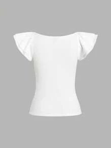 Ellevyn Summer Elegant Women's White Round Neck Pit Bar Bead Bow Stickers Double Layered Cap Sleeve Elastic Knitted T-Shirtfall Women Clothes Back To School Concert Outfits For Women Homecoming Office Outfits For Women Teacher Outfits For Women Night Out Brunch Outfits For Womencosplaychurch Outfits Womenbirthday Dresses For Women - White - View 3