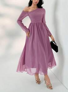 DAZY Elegant Summer Solid Color Asymmetrical Shoulder Mid-Length Dress For Women