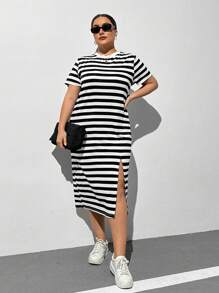 SHEIN Essnce Plus Size Women Spring/Summer Casual Loose Striped Split Hem Short Sleeve T-Shirt Dress