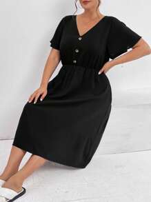SHEIN Essnce Women's Plus Size Summer Casual Vacation Waist V-Neck Short-Sleeved Pocket Black Conservative Dress