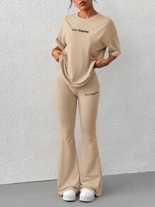 SHEIN EZwear 字母刺绣短袖上衣和喇叭裤夏季休闲装 - 卡其色 - 查看 4